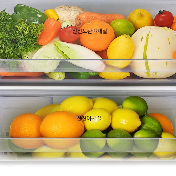 신선보관야채실과 신선야채실이라는 글자가 있는 냉장고 내부 이미지입니다. 다양한 채소와 과일이 보관되어 있으며, 상추, 파프리카, 당근, 오렌지, 레몬, 멜론 등이 있고, 오렌지, 레몬, 라임 등이 있습니다.