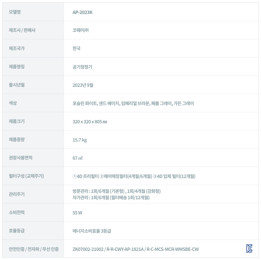 AP-2023K_코웨이 노블 공기청정기2_38번째 상세정보 코웨이 AP-2023K 코웨이 노블 공기청정기2 상세이미지 38