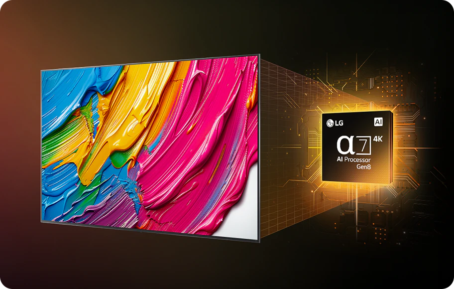 화려한 색상의 추상적인 그림이 디스플레이에 나타나 있으며, 옆에는 'LG α7 4K AI Processor Gen8'이라는 텍스트가 있는 프로세서 이미지가 있습니다. 배경은 어두운 색상으로 구성되어 있습니다.